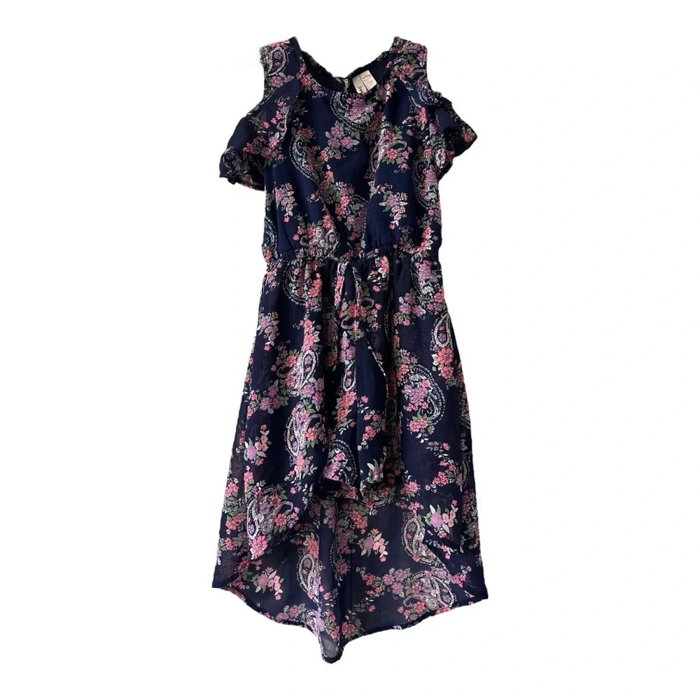 Floral Cold Shoulder Skorts Dress Navy Blue and Pink Girl’s Size 8 - Picture 1 of 4